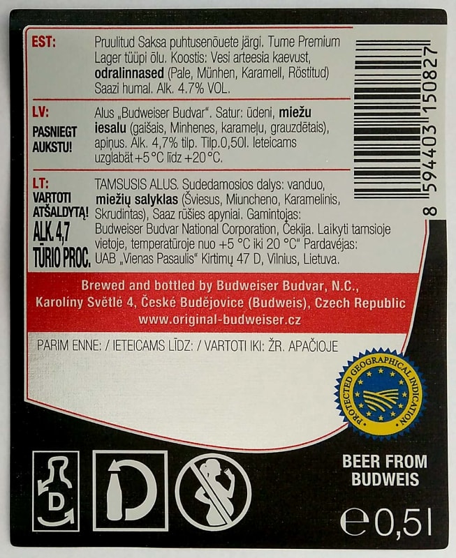 Budějovický Budvar B DARK Czech Dark Lager 0,5l EST, LV, LT Etk. B