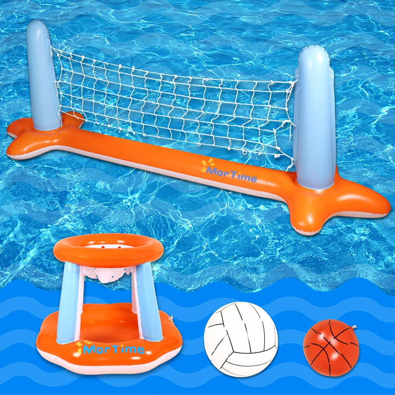Inflatable Pool Volleyball Net & Pool Basketball Hoop, Floating Swimming Pool Toys Pool Volleyball Court Basketball Game with Two Balls for Summer Water Party Fun