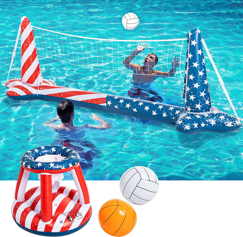 Pool Volleyball Net & Basketball Hoop with 2 Balls,American Flag Design Inflatable Pool Toys Game, Swimming Pool Floating Basketball Volleyball Set, Summer Pool Float Set