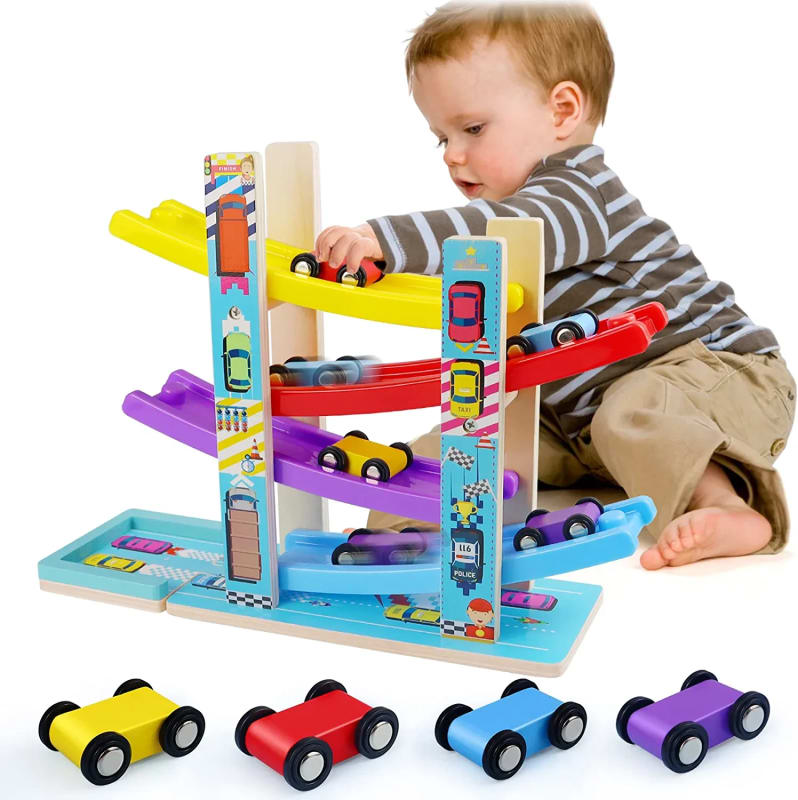 Children Race Track Toy with 4 Cars and 1 Wooden Parking Lot