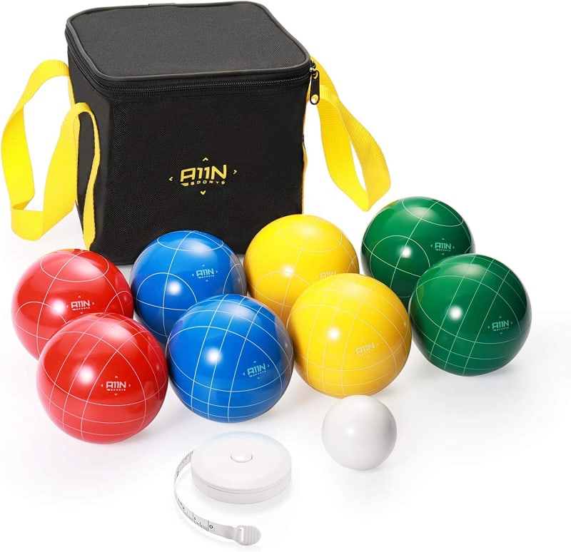 90mm Bocce Ball Set with 8 Balls in 4 Colors, Pallino, Carrying Bag, and Measuring Tape for Backyard, Lawn, Beach Game
