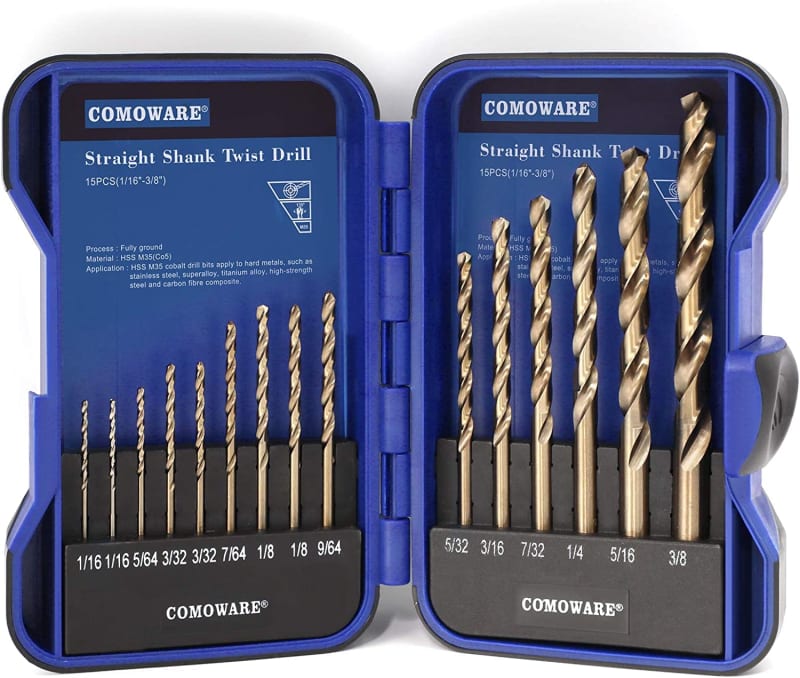 Cobalt Drill Bit Set- 15Pcs M35 High Speed Steel Twist Jobber Length for Hardened Metal