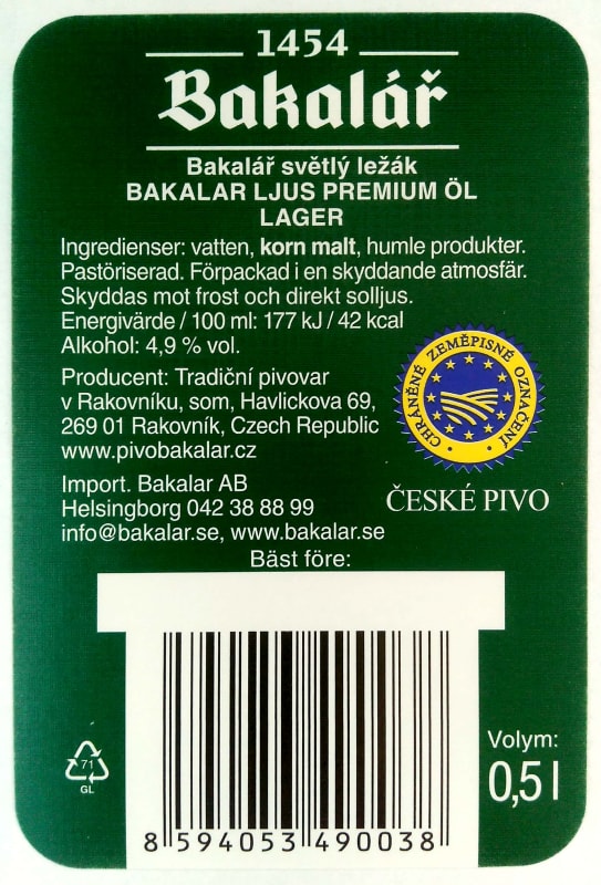 Bakalář Světlý ležák zelený široký kód SWE Etk. B