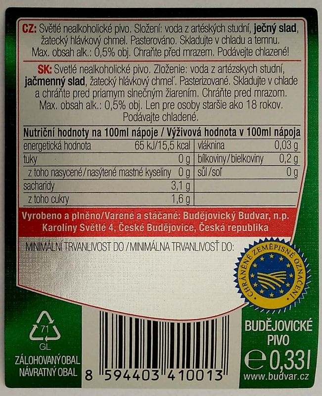 Budweiser Budvar B FREE Nealkoholické pivo 0,33l Budweiser CZ, SK Etk. B