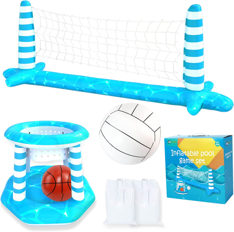 Inflatable Pool Volleyball Net Basketball Hoop Swimming Pool Toys Set for Adults Kids, Include 2 Balls, Large 115" Volleyball Net for Pool, Summer Outdoor Pool Float Water Game Toys