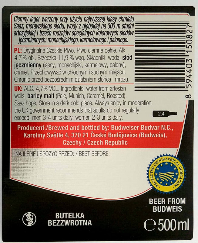 Budějovický Budvar B DARK Czech Dark Lager 0,5l PL,UK Etk. B