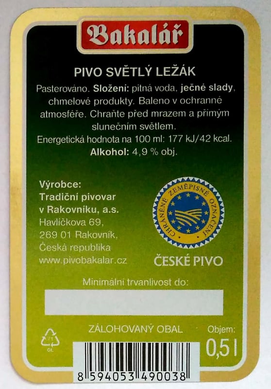 Bakalář Světlý ležák Etk. B