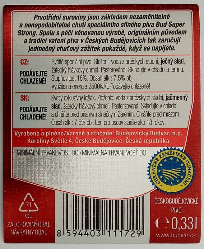 Budweiser Budvar B STRONG Czech Imperial Lager 0,33l Budweiser CZ, SK Etk. B