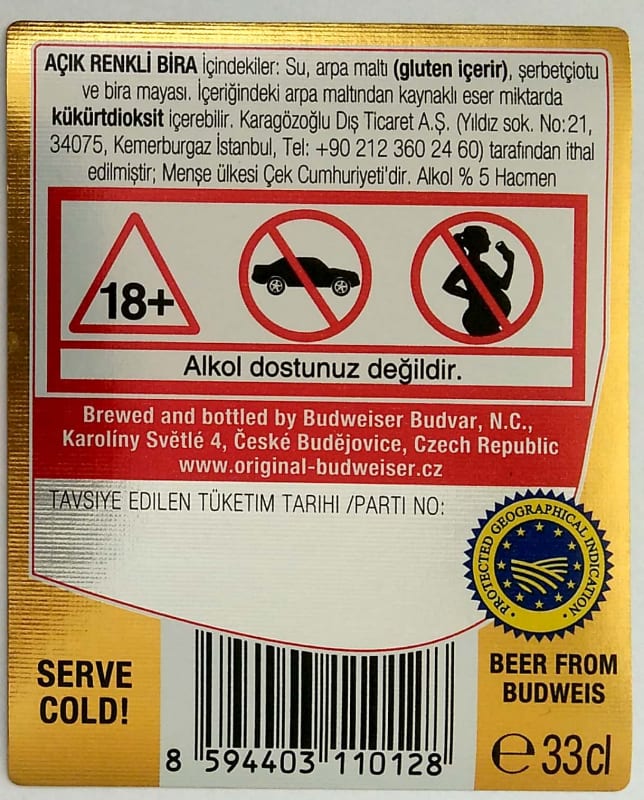 Budweiser Budvar B ORIGINAL Czech Imported Lager 0,33l TUR Etk. B