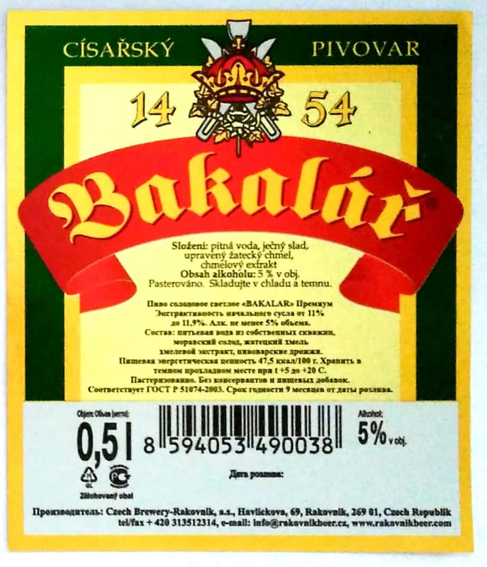 Bakalář Světlý ležák premium Etk. B