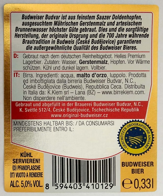 Czechvar B ORIGINAL Czech Imported Lager 0,33l D, IT Etk. B