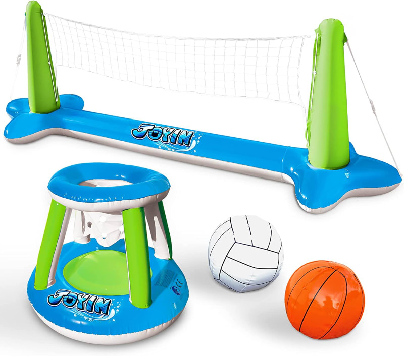 Inflatable Volleyball Net & Basketball Hoops Pool Float Set; Balls Included for Kids and Adults, Summer Pool Game, Summer Floaties, Volleyball Court (105”x28”x35”)|Basketball (27”x23”x27”)