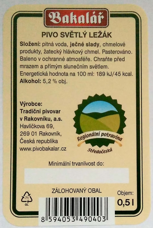 Bakalář Za studena chmelený světlý ležák Etk. B