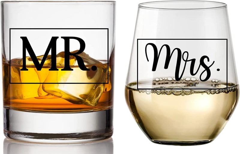 Mr and Mrs Whiskey and Wine Glass Gift Set