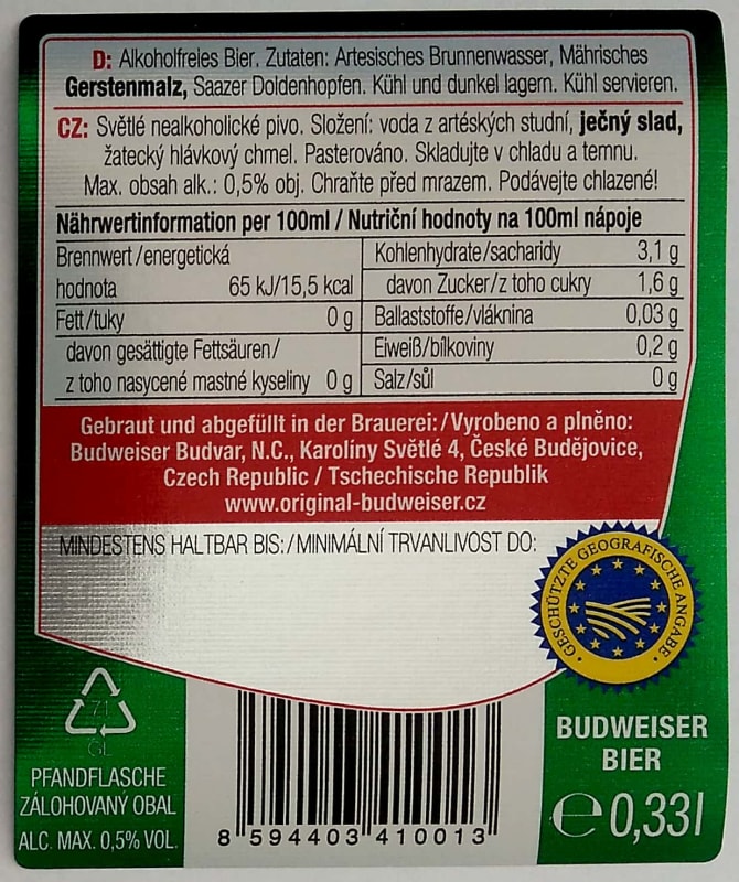 Budweiser Budvar B FREE Nealkoholické pivo 0,33l Budweiser D, CZ malý kód Etk. B