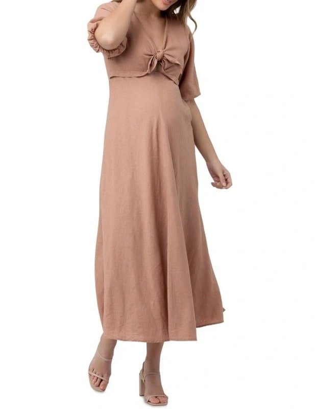Camille Tie Front Dress in Clay Brown