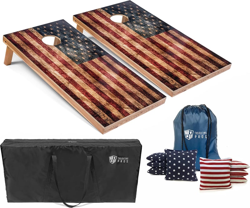 Rustic American Flag Cornhole Boards w/Bean Bags - 4'x2' Distressed Flag Cornhole Game w/Carrying Case & Corn Hole Bags