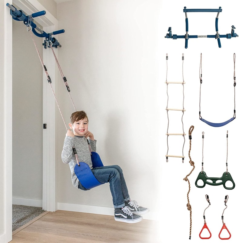 6 Piece Indoor Doorway Gym Set for Kids - Indoor Swing for Kids Includes Kids Swing Chair, Rings, Hanging Trapeze, Ladder, Swinging Rope & Pullup Bar - Sensory Swing Set Accessory Playground