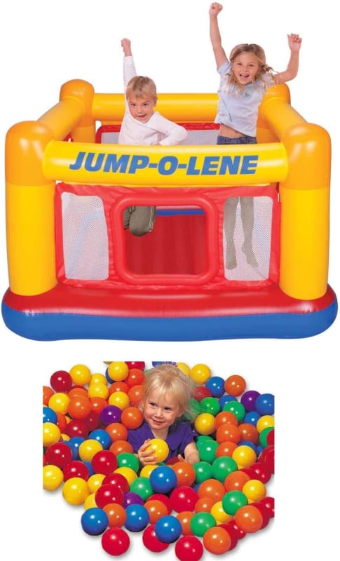 Inflatable Colorful Jump-O-Lene Indoor Outdoor Bouncy Kids Ball Pit Castle Jumper Bounce House for Kids Ages 3-6 w/ 100 Play Balls