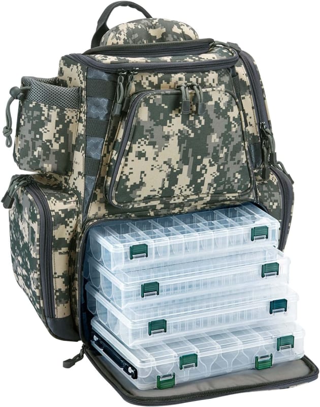 Fishing Tackle Backpack with 4 Tackle Boxes, Waterproof Large Tackle Gear Bag Storage with Protective Rain Cover