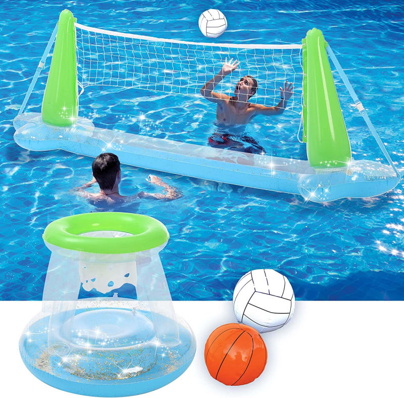 Inflatable Volleyball Net & Basketball Hoops for Kids and Adults, Glitters Pool Float Set Swimming Pool Game Toy, Summer Floaties, Volleyball Court |Basketball ,Green