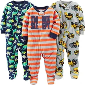 Toddlers and Baby Boys' Loose-Fit Flame Resistant Fleece Footed Pajamas, Pack of 3