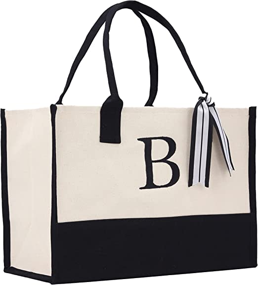 Premium Quality Personalized Gift Monogram Initial 100% Cotton Two Tone Chic Tote Bag with Customize Option - Black