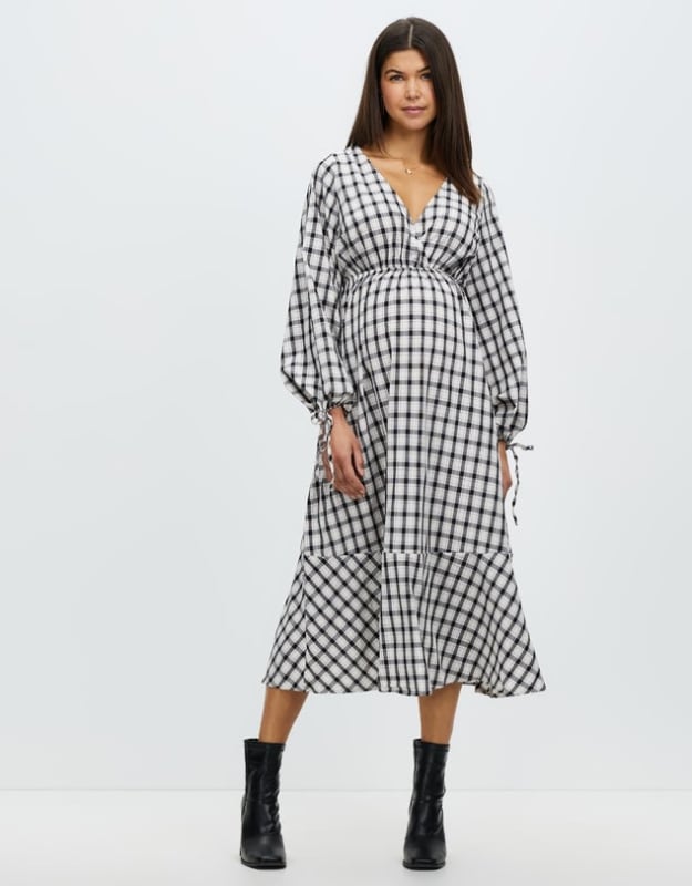 Maternity Check Tiered Wrap Midaxi Dress