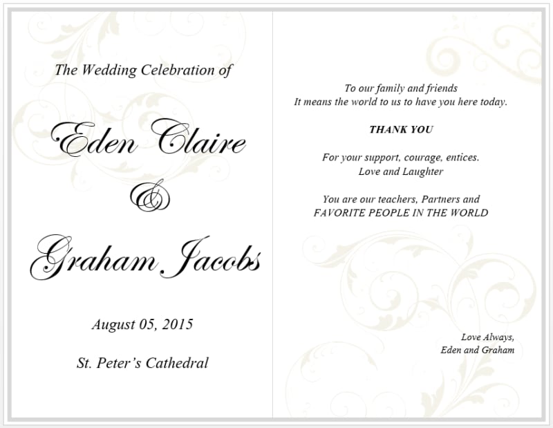 Lay out the content for Wedding Programs