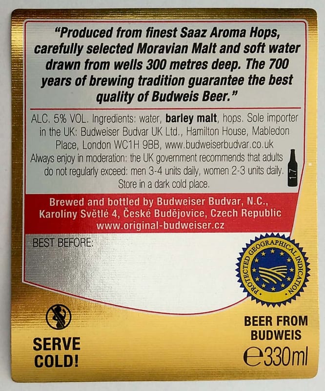 Czechvar B ORIGINAL Czech Imported Lager 0,33l Serve cold Etk. B