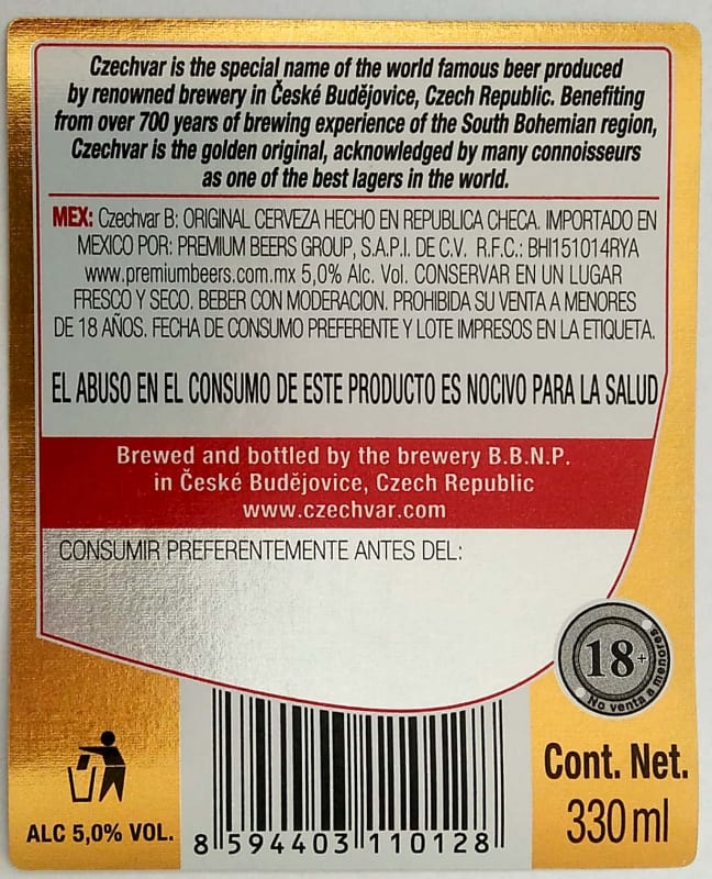 Budweiser Budvar B ORIGINAL Czech Imported Lager 0,33l MEX Etk. B
