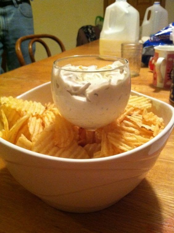 Make your own chip bowl by placing a wine glass into a large bowl
