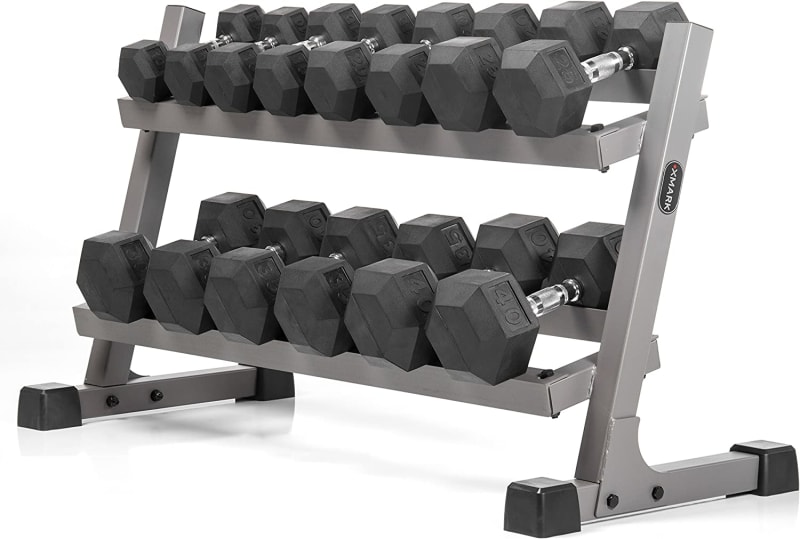 Rubber Coated Hex Dumbbell Weights, 350 lb Dumbbell Set or 380 lb Weight Set with 2 Tier Dumbbell Rack, Strength Training Dumbbell Rack and Dumbbell Set