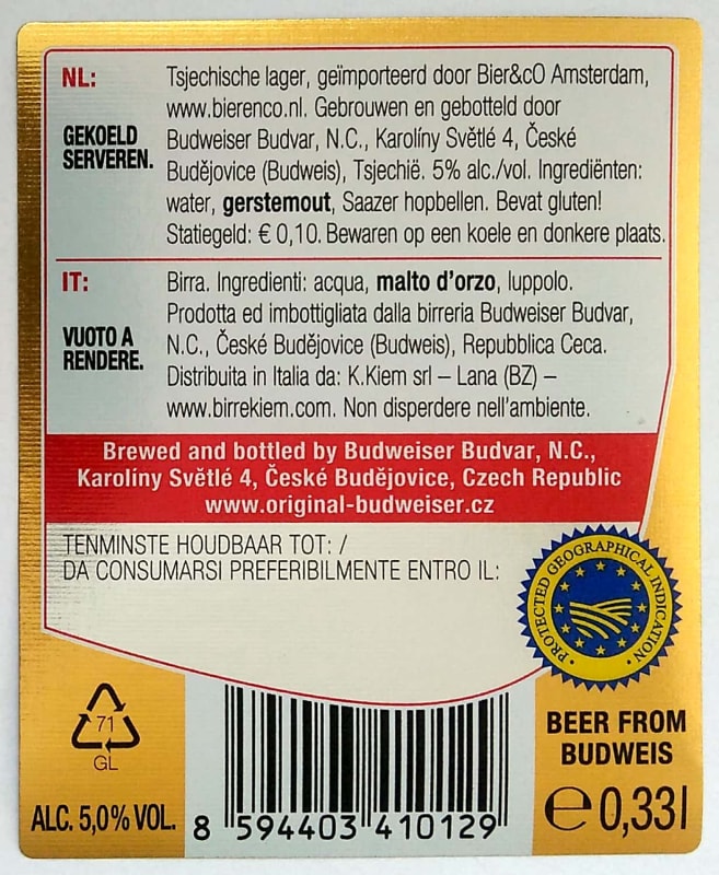 Czechvar B ORIGINAL Czech Imported Lager 0,33l NL, IT Etk. B