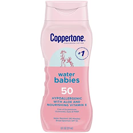 Coppertone Water Babies Sunscreen Lotion SPF 50, Pediatrician Recommended Baby Sunscreen, Water Resistant Sunscreen for Babies, 8 Fl Oz Bottle