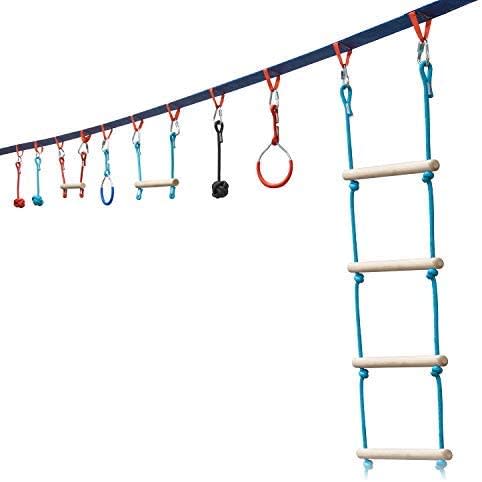 Portable 50 Foot Ninja Slackline Monkey Bar & Ladder Kit – Kids Gym Swinging Obstacle Course Set - Warrior Training Bars, Fists, Gymnastics Rings - Carry Bag & Tree Protectors