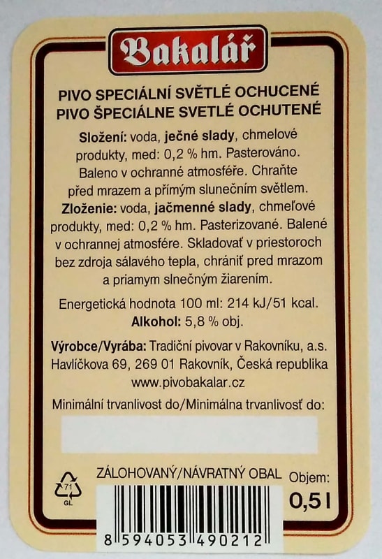 Bakalář Medový speciál dobré pivo Etk. B