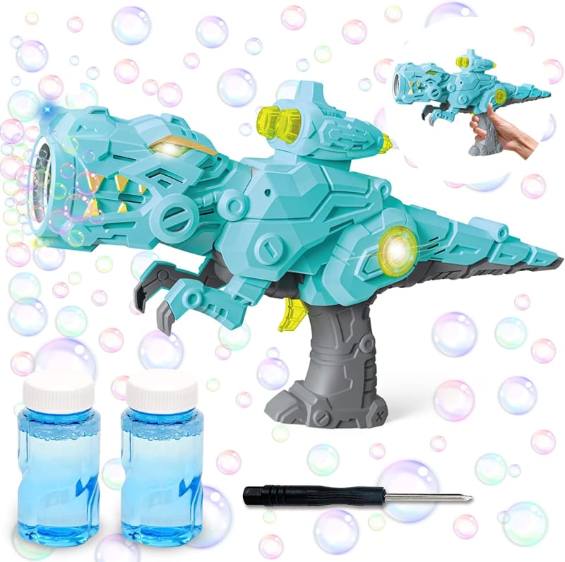 Bubble Gun, Large Bubble Machine Gun with Deformable Design & 2 Bottles of Bubble Solution for Kids Ages 4-8, Dinosaur Bubble Gun with 3000+ Bubbles & Light for Boys & Girls Birthday Gifts