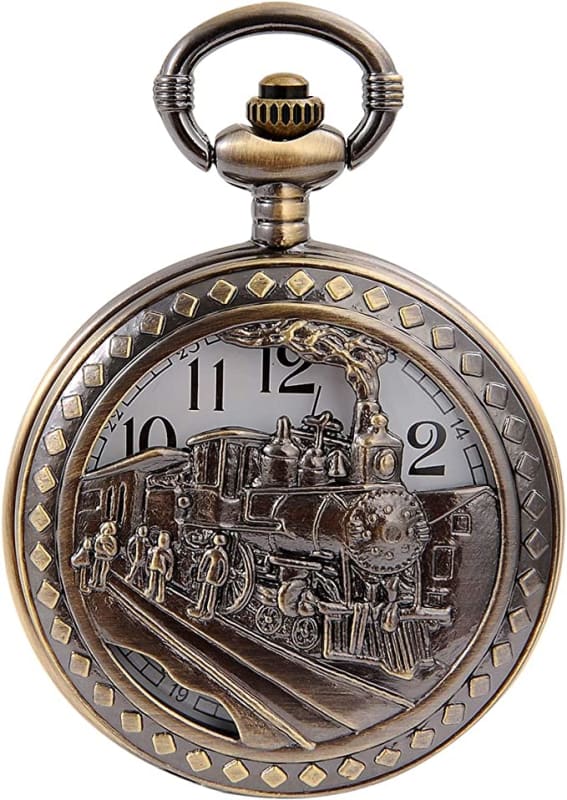 Vintage Bronze Steam Train Mens Kids Quartz Pocket Watch with Chain