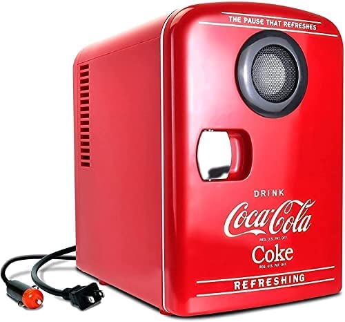 Coca-Cola Bluetooth Speaker Mini Portable Fridge, Compact Personal Cooler Warmer, 12V DC/110V AC for Home, Dorm, Car, Skincare, Cosmetics, Medication
