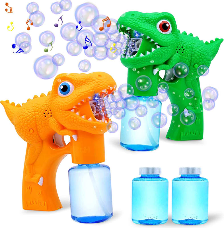 2 Dinosaur Bubble Guns with 2 Bubble Solution (147 ml) for Toddlers, Bubble Maker and Blower, Indoor and Outdoor Summer Play Toys, Kids Party Favor, Game Toys