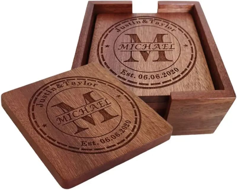Personalized Coasters, Custom Engraved Wood Coasters for Drinks, Monogram Coasters with Holder, Wedding Gifts, Parents Gifts (M)