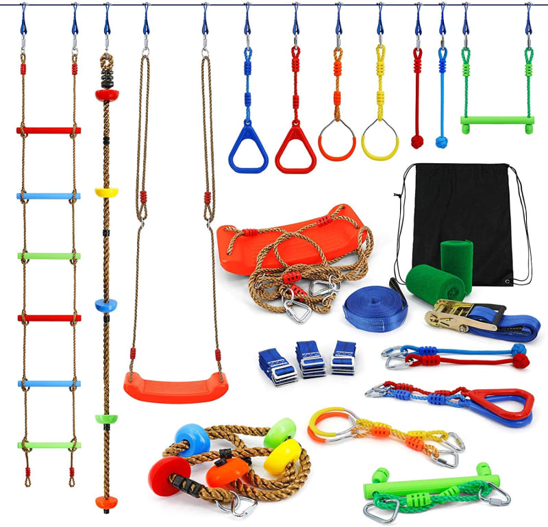 Ninja Warrior Obstacle Course Kit for Kids Ninja Slackline with 10 Accessories Monkey Bars, Ladder, Climbing Rope, Gym Rings, Swing, Monkey Fist for Backyard Training Equipment
