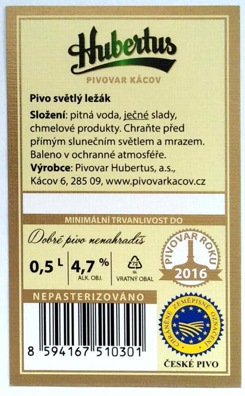 Hubertus Světlý ležák Prémium ovál Etk. B