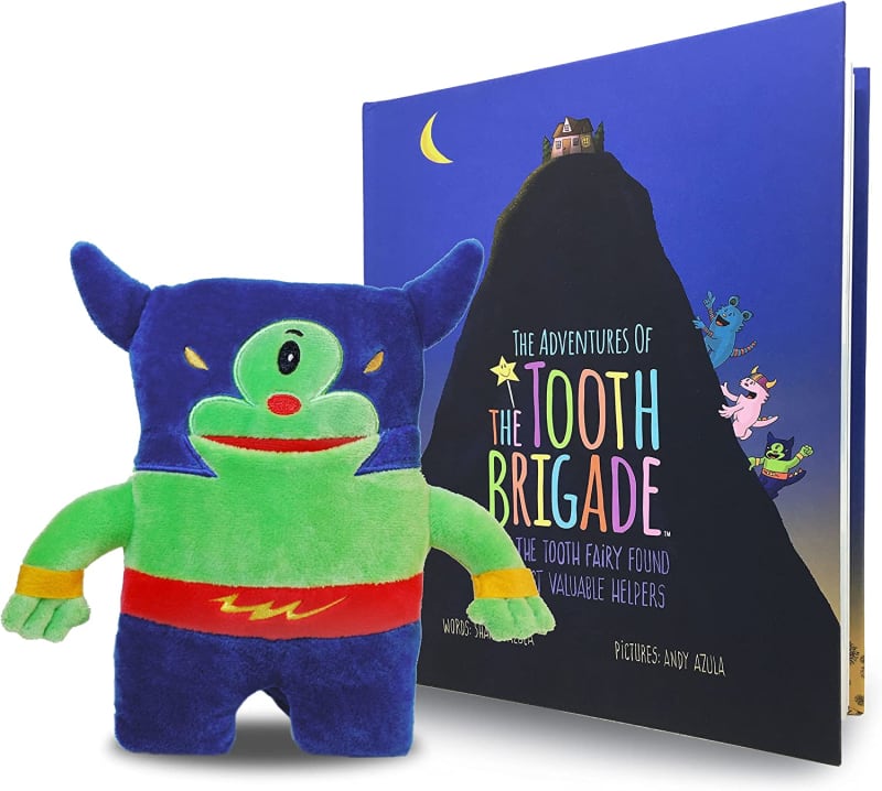 Book and Potato Monster Tooth Fairy Pillow Bundle, Interactive Set Includes 8" Plush Toy with Lost Tooth Pocket and Adventures of The Tooth Brigade Hardcover Book