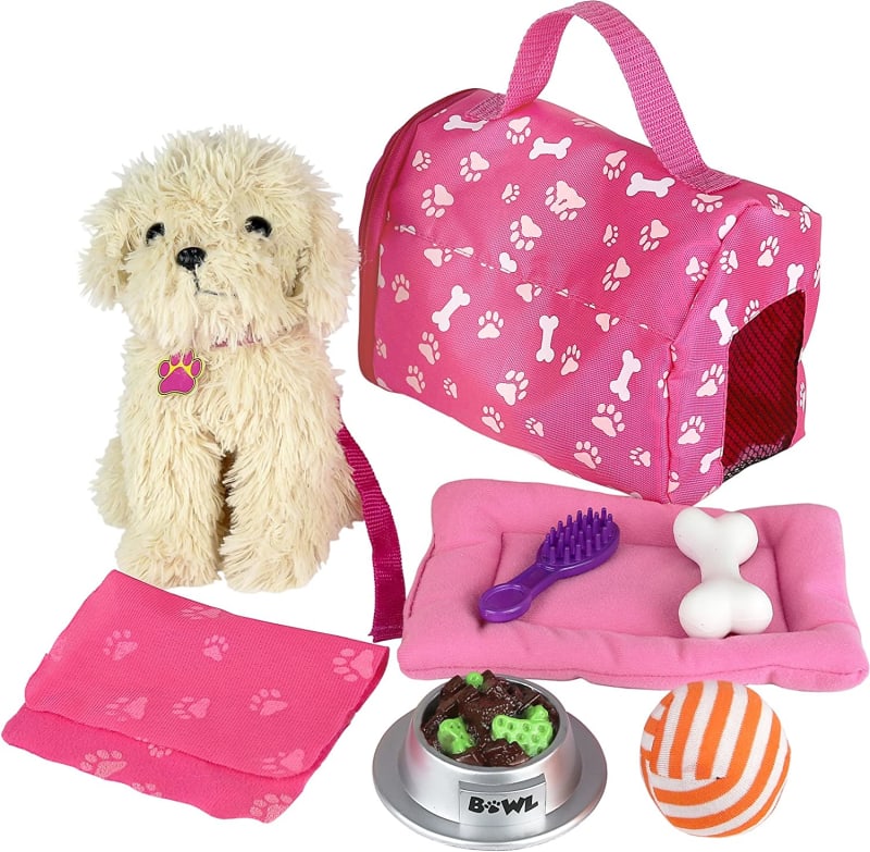 Toy Puppy for Kids, 9 Piece Play Dog Set, Dog Toy for Girls 3-6 Years Old, Includes a Toy Dog Bed and Carrier