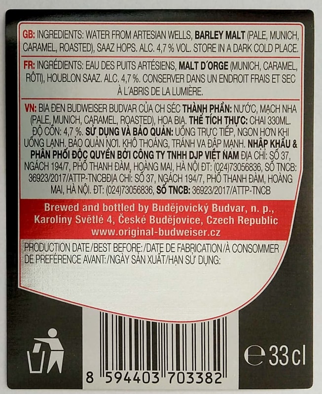 Budějovický Budvar B DARK Czech Dark Lager 0,33l GB, FR, VN Etk. B