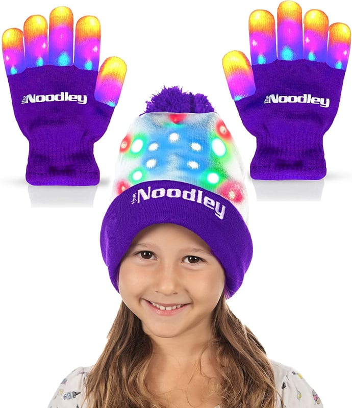 Flashing LED Light Gloves and Beanie Hat Bundle - Kids Size and Adult Size - Extra Batteries (Small, Purple)