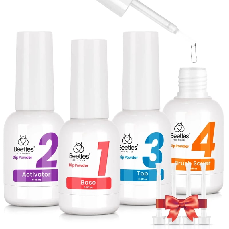 Dip Powder Gel Liquid Set 0.5oz/Bot with Base-Top Coat, Activator, and Brush Savor Dipping Powders Essentials Kit (Steps 1-4), Dip Nail Kit Acrylic Nail Manicure