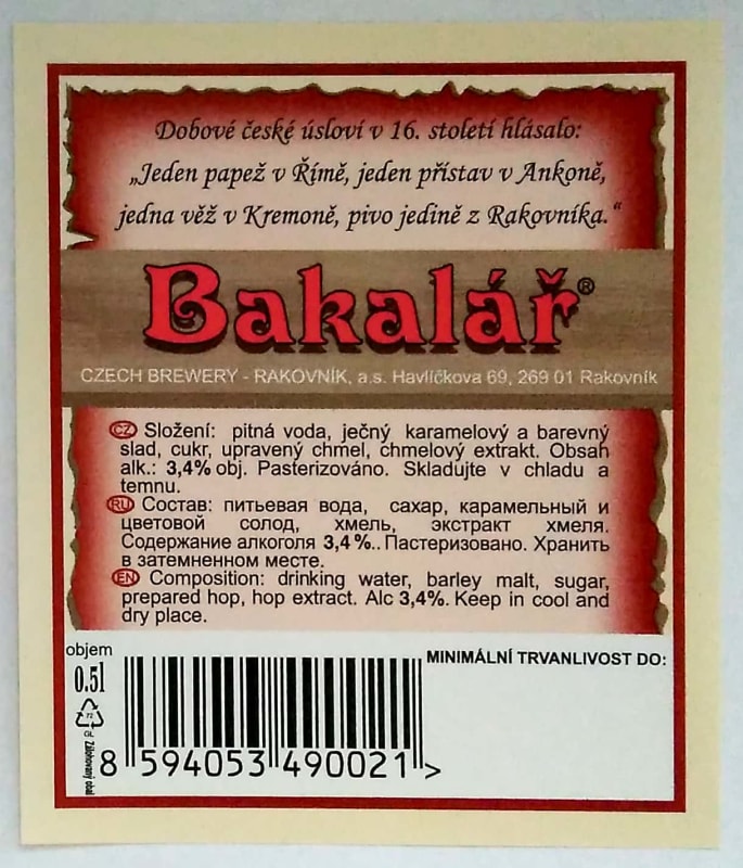 Bakalář Tmavé výčepní export RU Etk. B